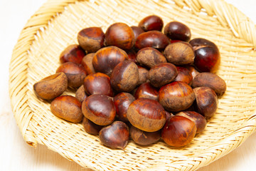 Boiled chestnut on the bamboo strainer