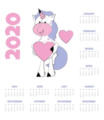 Calendar 2020 with unicorn. Vector illustration. Funny unicorn with hearts. 