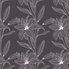 Seamless pattern with lilium, ylang flowers. Colorful vector illustration. Print for home textile and clothes, fabric, textile