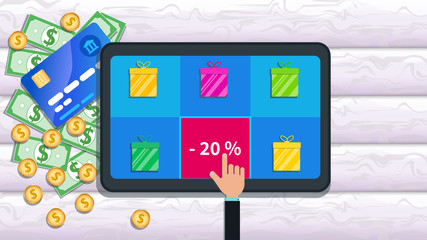 Sale, deals and special offer promotion. Flat tablet with gift boxes icon and hand finger select price discount 20% off discount for online shopping on screen. Desk with cash, coins and credit card