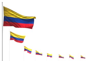 cute Colombia isolated flags placed diagonal, illustration with selective focus and space for your content - any holiday flag 3d illustration..