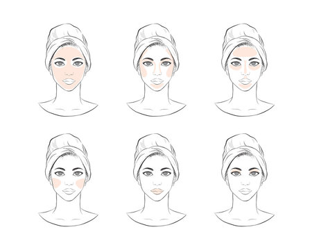 Steps how to face make-up. take care about african-american face vector illustration isolated cartoon hand drawn