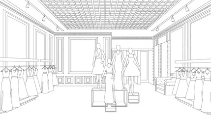 Interior design fashion boutique line art background Vector illustration. Detailed elegant decorations