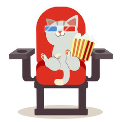 a cute character cartoon of cat sitting on the red chair in a cinema. it sitting on chair and holding a bag of popcorn. a cute cat wear a 3d glasses.cat watching a movie. cat in flat vector style