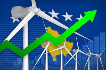 Kosovo wind energy power rising chart, arrow up - renewable natural energy industrial illustration. 3D Illustration