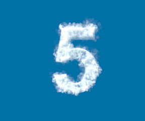 number 5 made of light white cloud on blue sky background, cloudy alphabet - 3D illustration of symbols