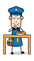 Eating Snacks - Retro Postman Cartoon Courier Guy Vector Illustration