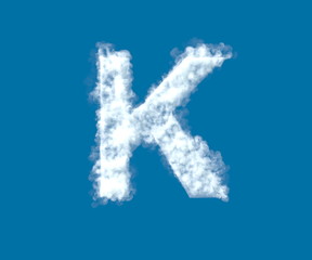 Cloud design font, white cloudy letter K isolated on the blue sky background - 3D illustration of symbols