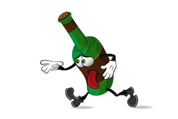 A cartoon character, a bottle of alcohol, holding himself side and sticking out his tongue, breathing heavily,moving forward, trying to catch up with someone.