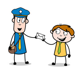 Giving a Letter to a Kid - Retro Postman Cartoon Courier Guy Vector Illustration