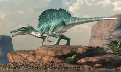 A spinosaurus by an arid lake.  Spinosaurus was semi-aquatic dinosaur from the Cretaceous period.  It was one of the largest carnivorous dinos ever.  3D Rendering © Daniel Eskridge
