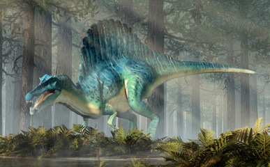 A spinosaurus in a forest.  Spinosaurus was semi-aquatic dinosaur from the Cretaceous period.  It was one of the largest carnivorous dinos ever.  3D Rendering