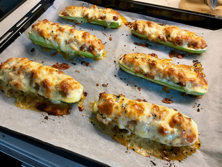 Baked Zucchini Courgettes Stuffed with Cheese and Dill.