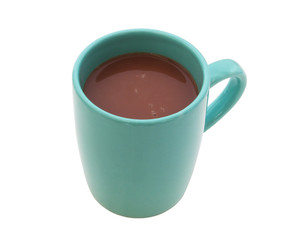 Blue cup of cocoa drink isolated on white background