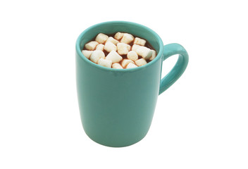 Blue cup of cocoa drink with marshmallows isolated on white background
