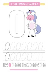 Funny children flashcard number zero. Unicorn with hearts learning to count and to write. Coloring printable worksheet for kindergarten and preschool. Number writing practice 0.
