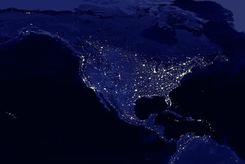 American continent electric lights map at night. City lights. Map of North and Central America....
