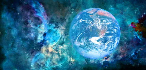 Planet Earth in the sunlight from the space .Fantastic outer space panoramic landscape. Mixed media