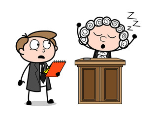 Cartoon Lawyer Watching Surprisingly and Magistrate Sleeping Vector Illustration - obrazy, fototapety, plakaty
