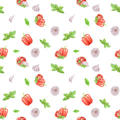  Watercolor vegetable seamless pattern on white background. Garlic, basil leaf, bell pepper. hand painted illustration. Print  for design textile, cloth, wrapping paper