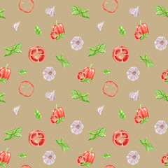  Watercolor vegetable seamless pattern on beige background. Garlic, basil leaf, bell pepper. hand painted illustration. Print  for design textile, cloth, wrapping paper. eco, organic concept