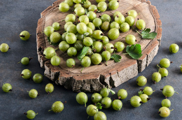 Closeup of fresh harvest of gooseberries on the wooden surface.Great heap of fresh and sweet summer fruits