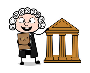 Cartoon Judge Holding a Bible and Presenting Court Vector Illustration - obrazy, fototapety, plakaty