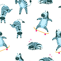 Seamless pattern with cute and funny zebras on white background. Cartoon animals for children fabric, baby goods and wrapping paper. Flat vector illustration.
