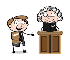 Cartoon Lawyer Presenting a Judge Reading a Law Book Vector Illustration - obrazy, fototapety, plakaty