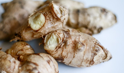 Ginger or Zingiber officinale on white background. Used as a spice and a folk medicine.