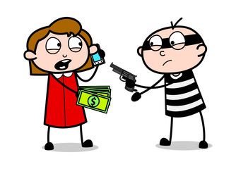 Robbing money At The Tip of The Gun - Cartoon thief criminal Guy Vector Illustration