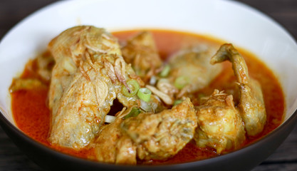 Indonesian gulai ayam or Indonesian chicken curry in a bowl on white background.