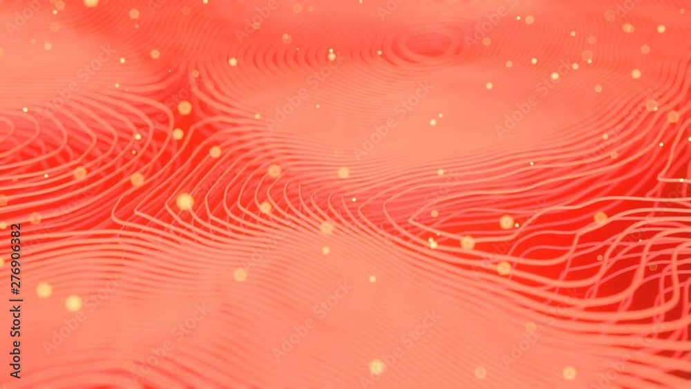 Aufkleber Pink colored abstract background with bright particles. Deformed wavy wires with motion glowing elements. Depth of field. 3D render loop animation. 4K, Ultra HD resolution.