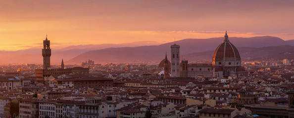 Sunset view of Florence, Ponte Vecchio, Palazzo Vecchio and Florence Duomo, Italy. Florence...