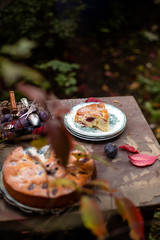tasty homemade plum cake with slice on vintage plates on brown rustic table 