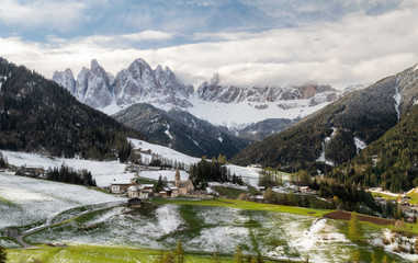 Naklejka premium Famous alpine place of the world, Santa Maddalena village with magical Dolomites mountains in background, Val di Funes valley
