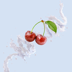 Delicious fresh cherry fruit yogurt, milk or smoothie 3D splash berry milky waves with ripe cherries. Dairy advertising element design with yogurt, whipped cream, smoothie, milk, ripe cherry fruits