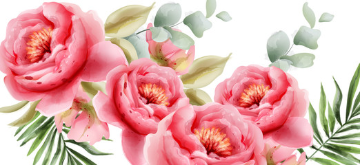 Pink peonies vector watercolor. Summer exotic floral backgrounds - obrazy, fototapety, plakaty