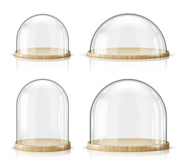Glass dome and wooden tray realistic vector. Glass round dome of various shapes with light wood plate, food storage container or product presentation case with reflection, isolated on white background © klyaksun