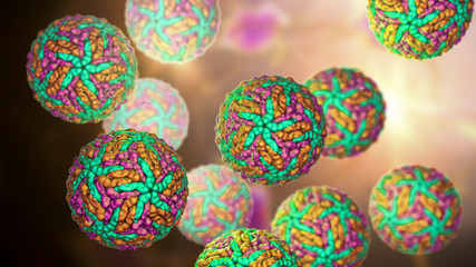 Zika viruses, the causative agent of Zika fever, transmitted by mosquito bite and causes microcephaly in fetus, 3D illustration