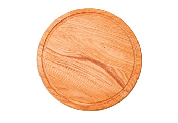 wooden tray isolated on white background - Round wooden cutting board, rustic dish, isolated on white background.