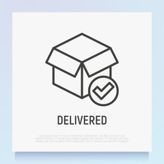 Delivered parcel: opened box with check mark. Thin line icon. Modern vector illustration for shipping service.