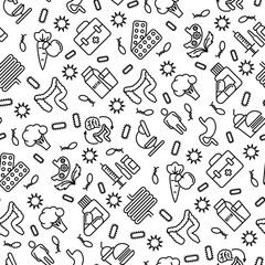 Gut flora seamless pattern with thin line icons: gut, bacteria, obesity, stomach, infection, depression, medicine. Vector illustration for medical survey or report.