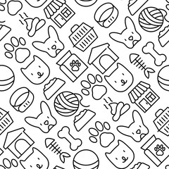 Pet care seamless pattern with thin line icons of dog, cat, accessories, food, toys. Vector illustration for banner or web page for vet clinic, pet shop or shelter.