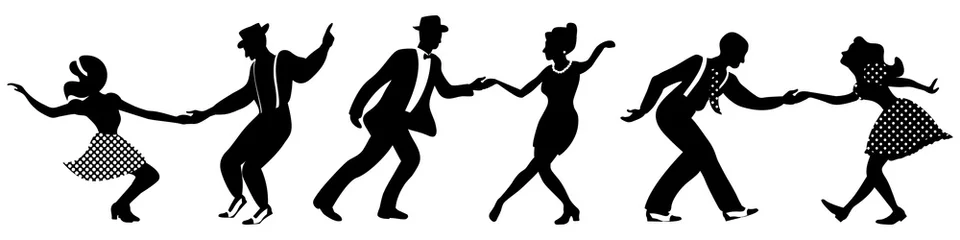 Deurstickers Set of three negative dancing couples silhouettes on white background. People in 1940s or 1950s style. Men and women on swing, jazz, lindy hop or boogie woogie party. Vector illustration. © Alisa