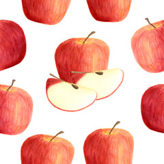 Fototapeta na wymiar Watercolor apples seamless pattern isolated on white background. Hand drawn red fruits, slice for packaging, menu design, scrapbooking, textile, print, cards, cover, food wrapping.