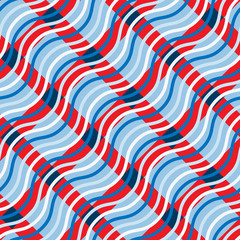 Abstract colorful diagonal wavy striped background, Shades of blue, red white colors. 