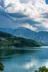 Caldonazzo lake (Lago di Caldonazzo) with the Alps, Valsugana valley, Trento province, Trentino Alto Adige, Italy, Europe