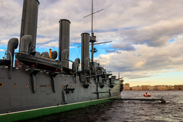 Old revolutionary Aurora cruiser,  the symbol of the October revolution, currently preserved as a museum ship on the Neva river in Saint Petersburg, Russia