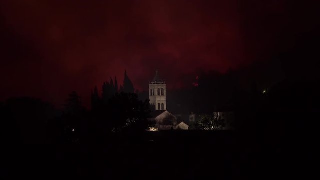 Church on Fire at Night. Apocalypse. The Rezhevichi Monastery in Montenegro. 20 August 2018